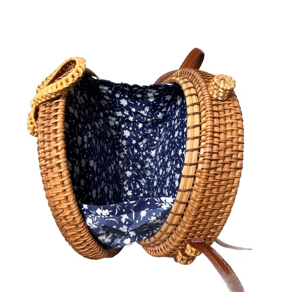 Womens Round Woven Straw Rattan Crossbody Bag Tan Leather Strap Floral Lined - Picture 7 of 16